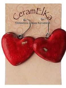 Серьги на петле Сердца, керамика, красные