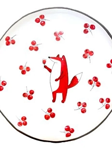 Тарелка ручной работы Ким керамика с бортиком Лис с брусникой, белая, 17 см