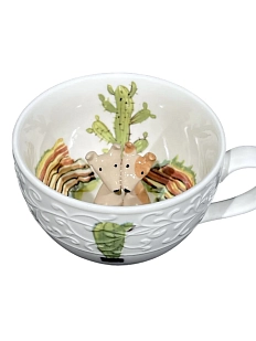 Чашка для чая ручной работы Мадам де Тюль с фигуркой внутри Пёсики и кактус, бело-зеленая, фарфор, 250 мл