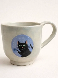 Кружка ручной работы Коврижка «Кот с кружкой», керамика, кремовая
