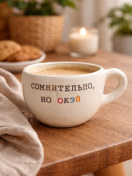 Кружка ручной работы с надписью «Сомнительно, но окэй», белая, керамика, 180 мл, фото 3.