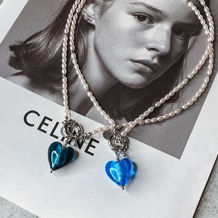 Колье ручной работы «Glass heart», синее, латунь, жемчуг, стекло, фото 6.