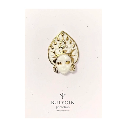 Брошь ручной работы Фарфор Булыгина «Кокошник», бело-золотистая, фото 3.