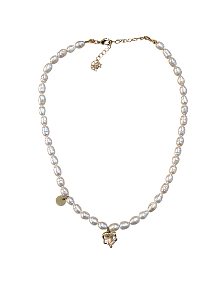 Чокер ручной работы «Ice» с белым сердцем, речной жемчуг, родированная латунь, фото 1.