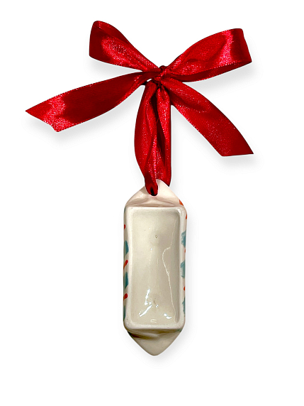 Ёлочная игрушка конфета «Полоски» красно-голубая, белая керамика, фото 2.