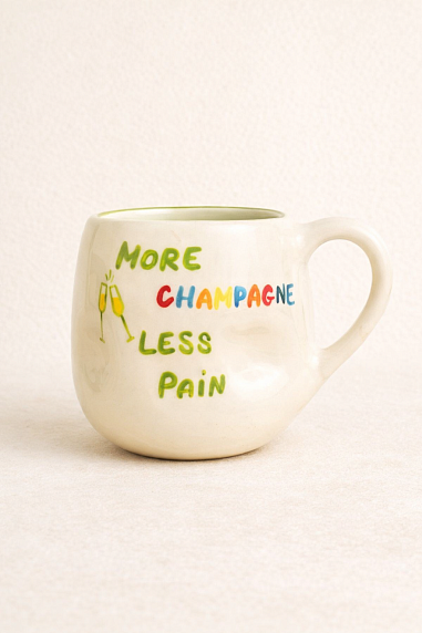 Кружка ручной работы мятая Hands in clay «More champagne less pain», зеленая, керамика, 400 мл, фото 1.