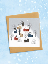 Квадратная зимняя сканди открытка «Домики на горе»