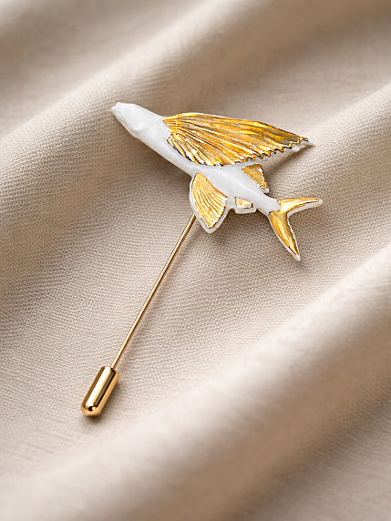 Брошь ручной работы Фарфор Булыгина «Летучая рыба», бело-золотистая, фото 2.