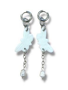 Серьги-конго ручной работы с подвесками на цепочках «Моль», фарфор, жемчуг