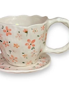 Чайная пара ручной работы «Розовые цветы», керамика, 400 мл