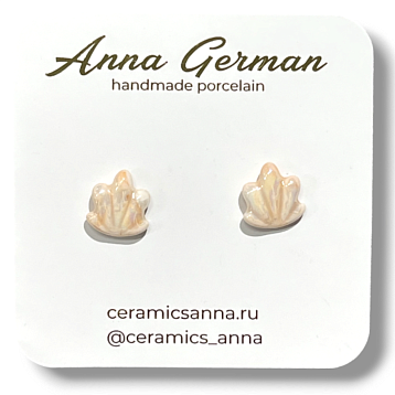 Серёжки-гвоздики «Ракушки розовые», фарфор, розово-перламутровые, фото 1.