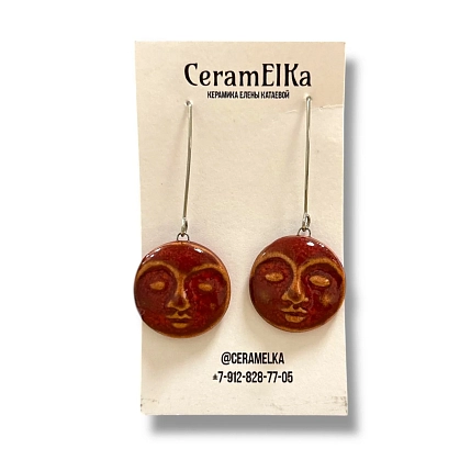 Серьги КерамЕлКа на длинной петле «Лица», керамика, бордовые, фото 1.