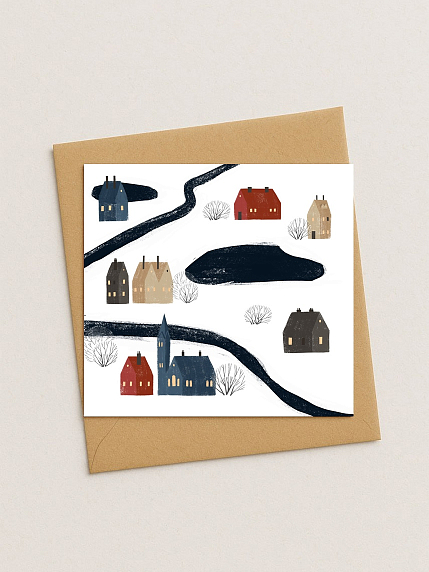 Квадратная зимняя сканди открытка «Пейзаж с домиками», фото 1.